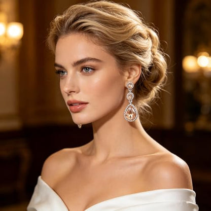YINLI Elegant Wedding Bridal Crystal Tear Drop Dangle Earrings for Women - color: Champagne,Silver