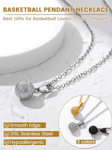GOLDCHIC JEWELRY Sport Necklaces for Men Teen, Football Baseball Soccer Basketball Softball Necklaces with Stainless Steel Chain Athlete Jewelry Sports Fan Gift - color: Basketball Pendant-Steel, style: NO Engraving