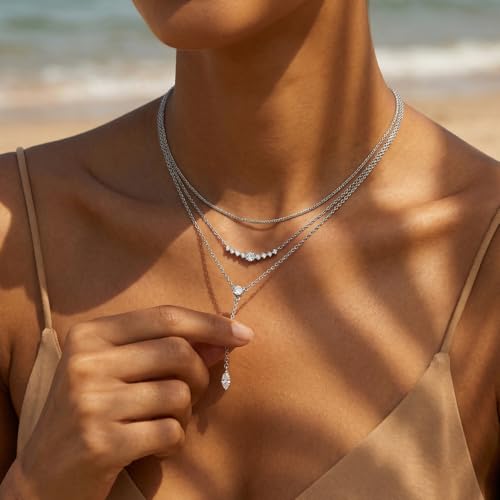 14k Gold Plated Layered Cubic Zirconia Pendant Necklace for Women | Gold Plated Clover Necklaces Stackable Dainty Cubic Zirconia Pendant Necklace，Mother's Day, Thanksgiving Jewelry Trendy gifts - color: silvery, style: Style4