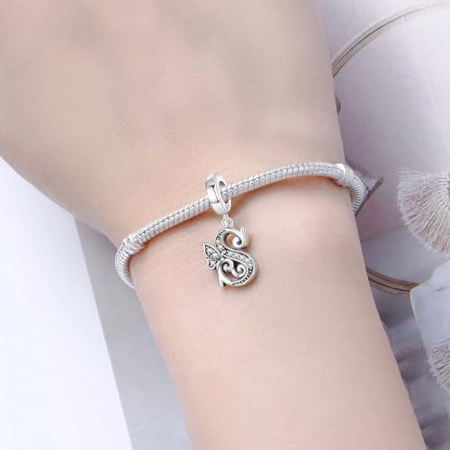 2 Pack 925 Sterling Silver Butterfly Letter Charms for Bracelets and Necklace Alphabet Initial Dangle Pendants Round Spacer Beads Pave Cubic Zirconia Jewelry Gift for Women - color: S Set