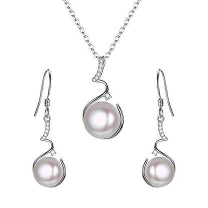 EleQueen 925 Sterling Silver CZ Freshwater Cultured Pearls Bridal Pendant Necklace Earrings Wedding Jewelry Sets, Valentine's Day/Mother's Day/Christmas Gift - style: Pearl Necklace Sets