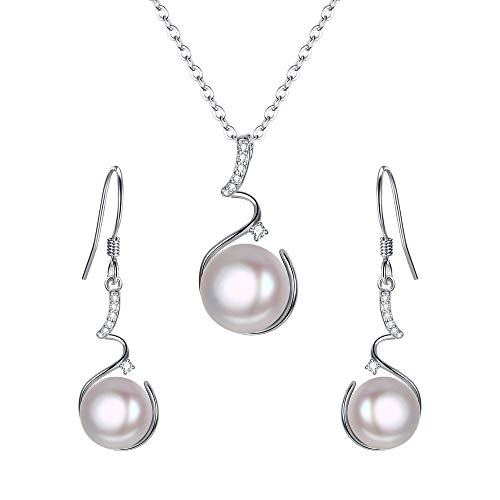 EleQueen 925 Sterling Silver CZ Freshwater Cultured Pearls Bridal Pendant Necklace Earrings Wedding Jewelry Sets, Valentine's Day/Mother's Day/Christmas Gift - style: Pearl Necklace Sets