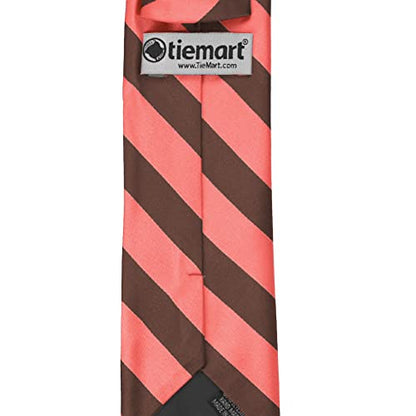 tiemart Men's Striped Tie Standard Length - color: Bright Coral and Brown