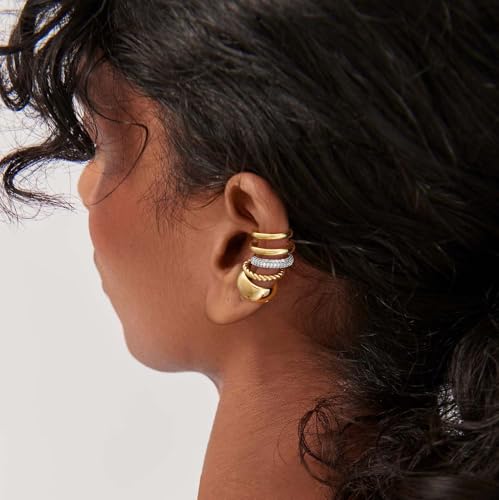 MEVECCO Ear Cuffs Non Piercing 18K Gold Plated Ear Cuff Earring Sets Clip on Cartilage Cubic Zirconia Pearl Minimalist Hypoallergenic Fake Hoop Earrings Stack Women Gifts - style: 3pcs-Tripe