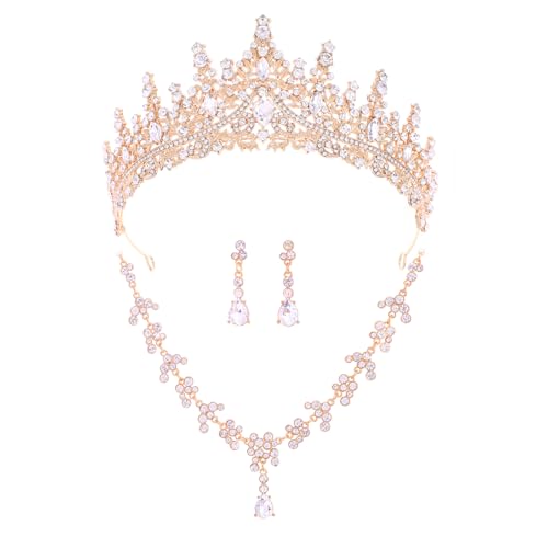 Crystal Crown and Tiara Jewelry Set for Women Bride with Necklace Earrings | Metal Rhinestone Royal Queen Princess Jewelry Set Wedding Quinceanera Pageant Prom Birthday Halloween Party Costume Gift - color: Gold
