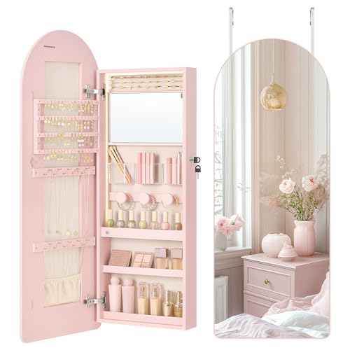 SONGMICS Wide Jewelry Organizer, LED Jewelry Cabinet Wall/Door Mounted, Arched Mirror with Storage, Lockable, Rounded Corner, Interior Mirror, 3.9 x 16.5 x 42.5 Inches, Jelly Pink UJJC020SA01S - color: Jelly Pink, size: 42.5"H, style: Arched Mirror