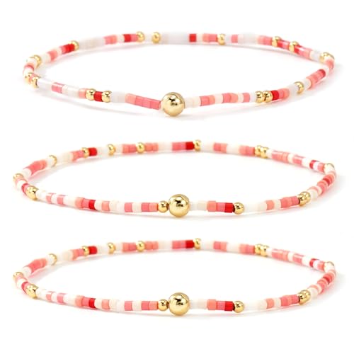 Dainty Gold Plated Tiny Ball Colorful Beaded Stack Bracelets Sets for Women,3Pcs Stackable Cute Bracelet Stretch Trendy Ball Jewelry Friendship Gift - color: peach-pink
