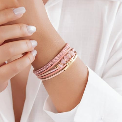 Boho Gemstone Beaded Leather Wrap Bracelets Stackable Chunky Cuff Bracelet Western Jewelry Cowboy Chic Country Concert Outfits for Women - color: Pink