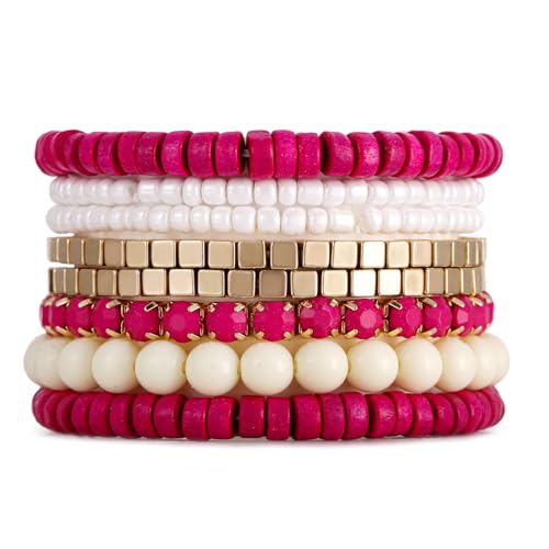 LUREME Boho Multi Strand Stackable Stretch Bracelet Set Wooden Cube Alloy Bead Bangle bl003172 - color: Fushia