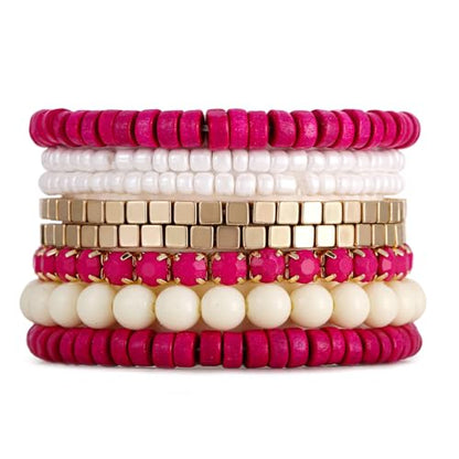 LUREME Boho Multi Strand Stackable Stretch Bracelet Set Wooden Cube Alloy Bead Bangle bl003172 - color: Fushia