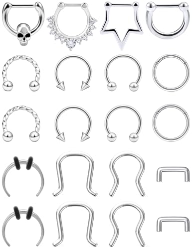 Vsnnsns 16G Septum Rings Piercing Jewelry 316L Stainless Surgical Steel Skull Flower Dangle Clicker Horseshoe Septum Nose Rings Hoop Piercing Jewelry for Women Men Silver Black Rose Gold 10mm - color: Silver
