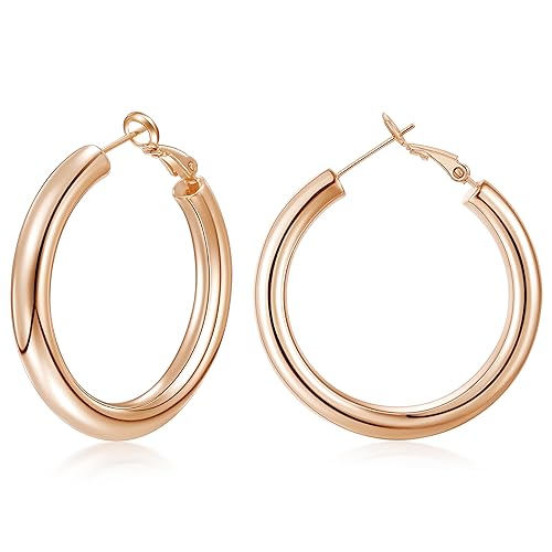 sovesi Chunky Hoop Earrings for Women, 14K Gold Plated Thick Hoops | 5mm Thick Hollow Tube Chunky Lightweight Hypoallergenic Hoop Earrings for Women - style: Rose Gold 40MM