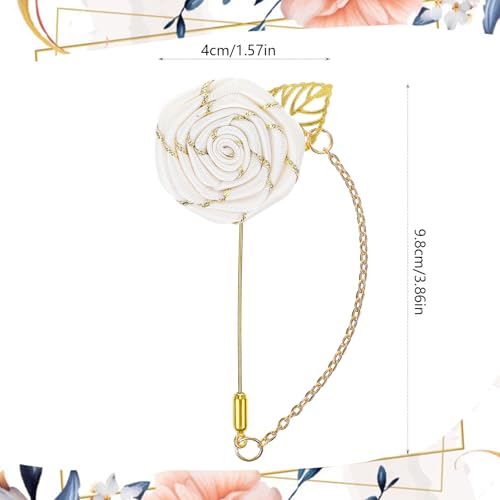 Gold Lapel Pin for Men, Gold Foil Brooch Men's White Flower Satin Lapel Pin with Metal Chain for Suits Professional Tuxedo Groom Wedding Brooch - color: White