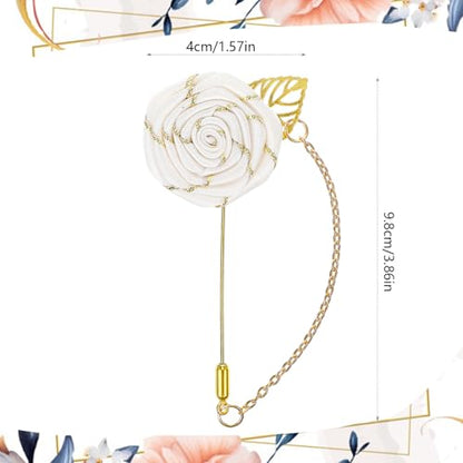 Gold Lapel Pin for Men, Gold Foil Brooch Men's White Flower Satin Lapel Pin with Metal Chain for Suits Professional Tuxedo Groom Wedding Brooch - color: White