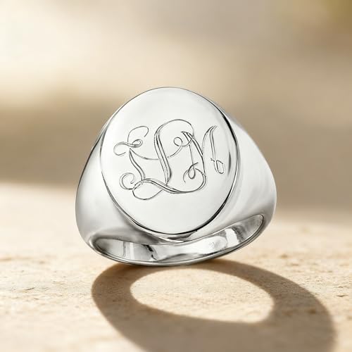 Personalized Classic Monogrammed Signet Initial Ring for Men 925 Silver/10K/14K/18K Gold Monogram Letters Statement Ring Birthday Christmas Gifts - color: White Gold
