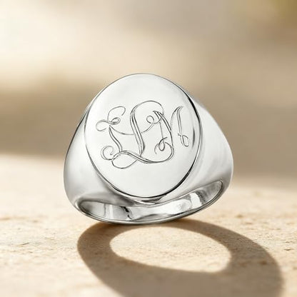 Personalized Classic Monogrammed Signet Initial Ring for Men 925 Silver/10K/14K/18K Gold Monogram Letters Statement Ring Birthday Christmas Gifts - color: White Gold
