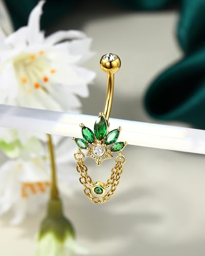 COCHARM 14G Lotus Belly Button Rings Dangle Belly Navel Rings for Women Surgical Steel Navel Piercing jewelry - color: YGGR-10MM