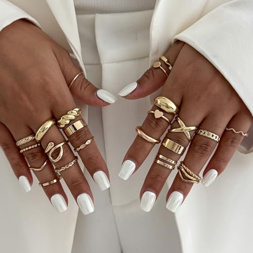Gold Rings for Women Non Tarnish Stackable Rhinestone Moon Star Rings Dainty Stacking Pearl Butterfly Midi Pinky Thumb Joint Finger Knuckle Ring Set Gold Non Tarnish Jewelry Gifts Trendy Stuff - color: E Gold Stackable Rings 24Pcs