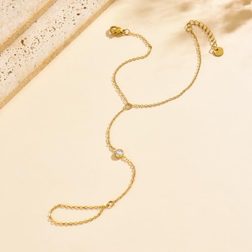 Dainty 18K Gold Plated Tiny Bracelets with Finger Ring for Women | Waterproof Hypoallergenic Adjustable Hand Harness Chain Jewelry - color: Single CZ-GD