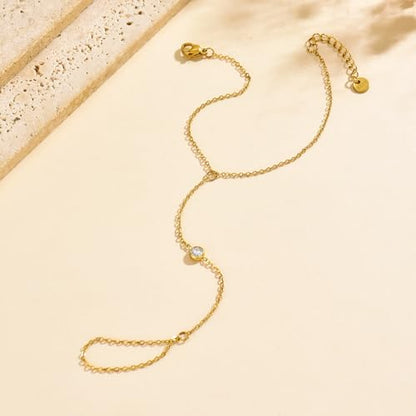 Dainty 18K Gold Plated Tiny Bracelets with Finger Ring for Women | Waterproof Hypoallergenic Adjustable Hand Harness Chain Jewelry - color: Single CZ-GD