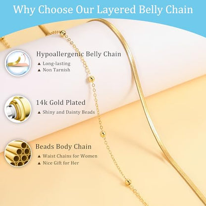 CHESKY 14K Gold Plated Silver Plated Waist Chain for Women, Layered Belly Belt Chains Beach Waist Beads Chain Waterproof Snake Cuban Body Chain Summer Jewelry Accessories for Women - style: snake bead-gd