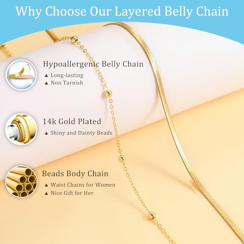 CHESKY 14K Gold Plated Waist Chain for Women, Layered Waist Beads | Silver Plated Gold Body Chains, Beach Summer, Waterproof Snake Belly Belt Chain, Festival Jewelry Accessories for Women - style: snake bead-gd