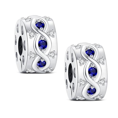 KEQ Clip Spacer Charm for Bracelet 925 Silver Pave Cubic Zirconia Clip Lock Stopper Bead Spacer For Women Bracelets Stopper Birthday Gifts European Openable Beads 2pcs - color: Infinite Blue Zircon