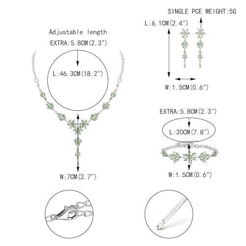 EVER FAITH Crystal Flower Wedding Prom Jewelry Set for Bride Bridesmaid | Rhinestone Costume Party Y-Shaped Necklace Dangle Earrings Bracelet, for Women - color: Light Green Silver-Tone