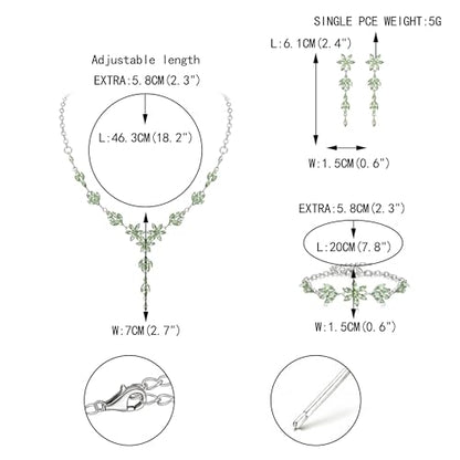 EVER FAITH Crystal Flower Wedding Prom Jewelry Set for Bride Bridesmaid | Rhinestone Costume Party Y-Shaped Necklace Dangle Earrings Bracelet, for Women - color: Light Green Silver-Tone