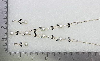 Faship Genuine Freshwater Pearls Floral Necklace Earrings Set | Premium CZ Crystal, Gorgeous, Sparkling - color: Black / Gold Plated