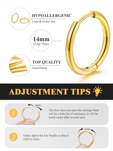 Small Hoop Earrings for Women 7-16mm Stainless Steel Huggie Earrings Lightweight - color: c. Gold A, size: Diameter 14mm