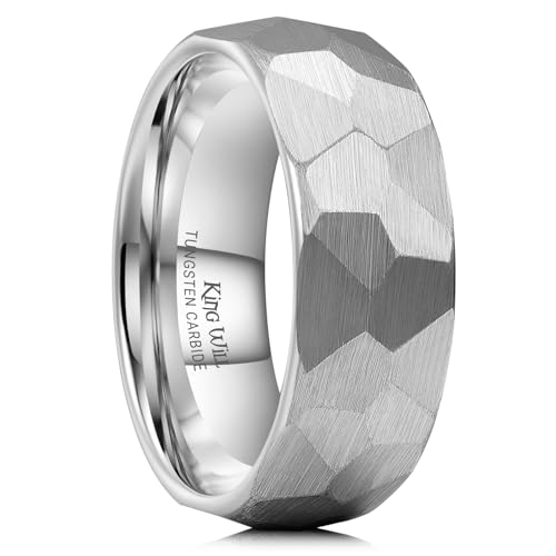 King Will Men's Tungsten Carbide Wedding Ring Hammered Groove Wedding Band Mens Two Tone Engagement Ring for Men and Women Matte Brushed Finish Comfort Fit - color: Silver 8mm
