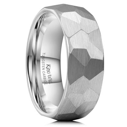 King Will Men's Tungsten Carbide Wedding Ring Hammered Groove Wedding Band Mens Two Tone Engagement Ring for Men and Women Matte Brushed Finish Comfort Fit - color: Silver 8mm