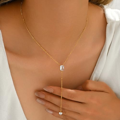 Dainty Y-Shaped Lariat CZ Drop Charm Pendant Necklaces for Women - color: Rectangle-CZ-GD