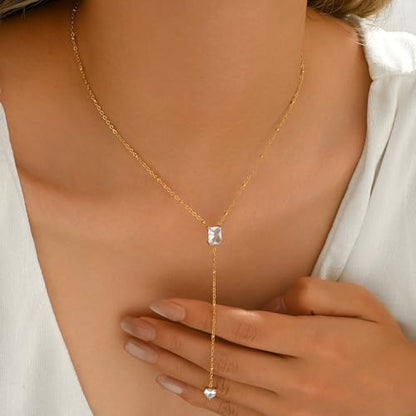 Dainty Y-Shaped Lariat CZ Drop Charm Pendant Necklaces for Women - color: Rectangle-CZ-GD