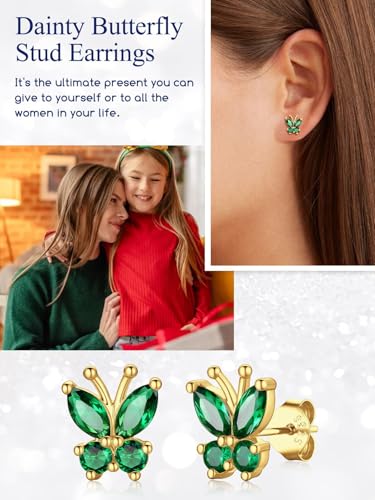 Suplight Butterfly Stud Earrings 925 Sterling Silver 14K Gold Brithstone Earrings for Women Brithstone Jewelry Gifts - color: 05.May( Emerald), size: Gold