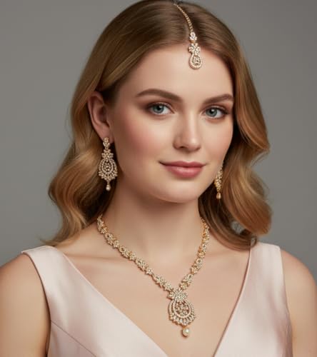 Touchstone Indian jewelry sets for women maang tikka wedding guest gold necklace bollywood jewellery set pageant elegant prom bride accessories western crystal chunky rhinestone necklaces - color: 1 4 White in gold plating pearl drop