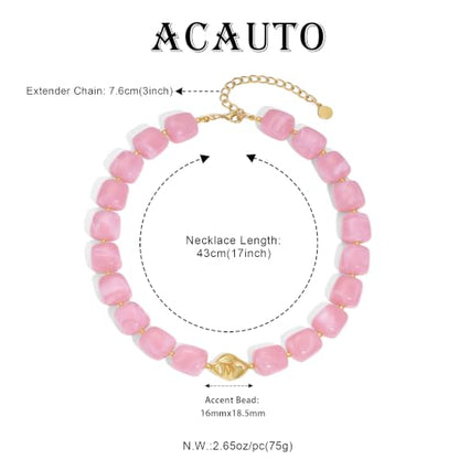 Chunky Beaded Necklace for Women,Square Resin beads boho Choker Necklace with gold-tone spacers,Fashion Trendy Summer Beach Party Necklaces Handmade Surfer Beach Necklaces Jewelry Gifts - color: Pink