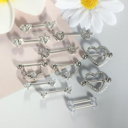 TIANCI FBYJS 6 Pairs Nipple Rings Stainless Steel Heart Butterfly Moon Flower CZ Stud Barbell Tongue Rings Set Cute Nipplerings Piercing Jewelry for Women Pink Tone - color: silver
