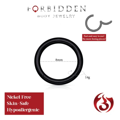 Forbidden Body Jewelry 316L Surgical Steel Hinged Seamless Nose Rings Hoop 14G 16G 18G, Diameter 6mm 8mm 10mm 12mm, Gold/Rose Gold/Silver/Black/Rainbow Colors. - style: 14g 8mm - Black