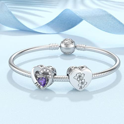 SEVENWELL Jan-Dec Birthstone Charms for Pandora Bracelets, Heart Charm | Fits Most European Charm Bracelets, Sparkling Heart CZ, Birth Flower Engraved, Gift Ready, Nickel-Free - color: February Birthstone Charm