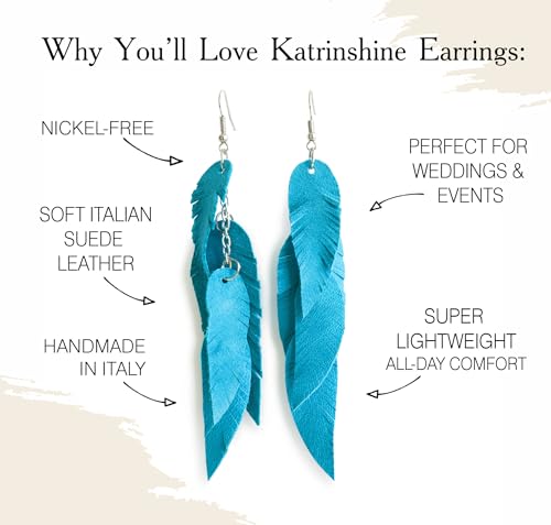 Leather Feather Earrings, Suede layered earrings, boho wedding jewelry, summer earrings, gift for her, dangle earrings - color: turquoise blue
