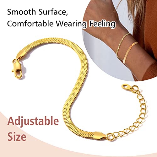 FindChic Elegant Herringbone Snake Chain Anklets/Bracelets 3MM/5MM Width Stainless Steel/18K Gold/Rose Gold Plated/Black 4 Color Options, 8.3'' 8.5'' 10.5'' Length, with Gift Box - color: B: 5mm 6.3'' bracelet (Gold Plated)