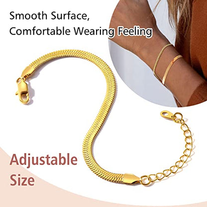 FindChic Elegant Herringbone Snake Chain Anklets/Bracelets 3MM/5MM Width Stainless Steel/18K Gold/Rose Gold Plated/Black 4 Color Options, 8.3'' 8.5'' 10.5'' Length, with Gift Box - color: B: 5mm 6.3'' bracelet (Gold Plated)