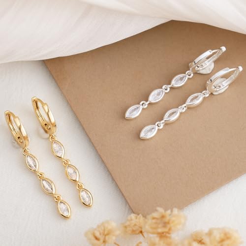 Dangle Earrings for Women Trendy, 14K Gold Plated CZ Huggie Drop Earrings, Dainty Long Chain Prom Wedding Jewelry Gift for Her - style: Marquise CZ Silver