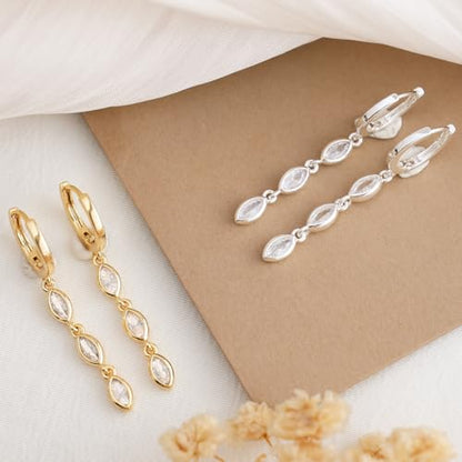Dangle Earrings for Women Trendy, 14K Gold Plated CZ Huggie Drop Earrings, Dainty Long Chain Prom Wedding Jewelry Gift for Her - style: Marquise CZ Silver