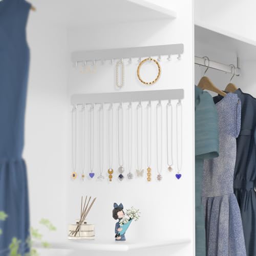 Necklace Holder Wall Mounted,Self Adhesive Jewelry Organizer,2 Pack,Silver | Modern Design,24 Hooks for Jewelry,Self Adhesive No Drilling,Durable Metal Design,for bedroom/closet/bathroom/vanity - color: Silver