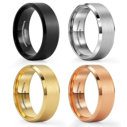 Romass 4Pcs Stainless Steel Rings for Men Women,Wedding Band Rings Bible Verse Silver/Black/Gold/Rose Gold 8MM Matte Surface,Beveled Polished Edge Mens Ring Gifts Jewelry Box 7-14 Inches
