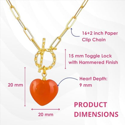 Gempires Gemstone Heart Pendant Necklace for Women, Gold Toggle Birthstone | Handmade gemstone heart pendant necklace — choose from 11 stones and birthstones, gold toggle paperclip chain. - color: Carnelian