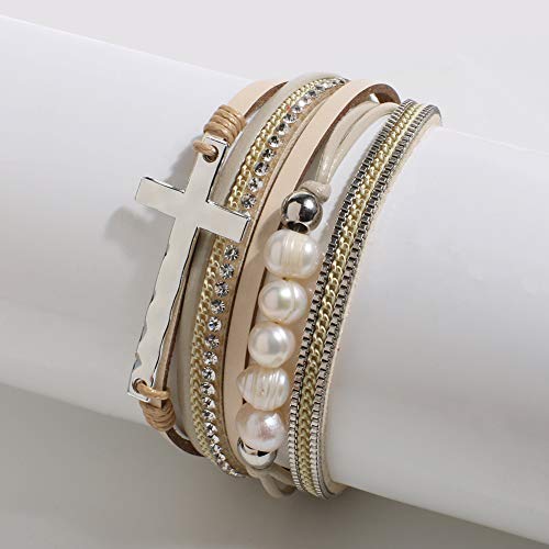 Vercret Leather Wrap Bracelet for Women, Multi-Layer Cuff Bangle | Boho Stacked Bracelets with Safe Clasp Western Bangle Jewelry Gift for Lady and Mom Sister Friend - style: Pearl Cross Beige